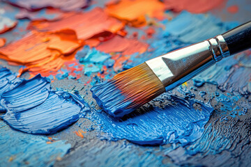 Obraz premium A paintbrush laden with vibrant blue paint rests on a palette of mixed colors, showcasing the artist's creative process.