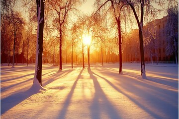 The setting sun illuminates a snowy park scene with winter trees