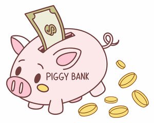 Fototapeta premium A cute pink piggy bank with a coin slot on top, filled with gold coins. A dollar bill is sticking out from the top.