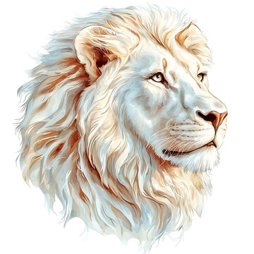 Watercolor style illustration of a majestic white lion's head showcasing its powerful mane and serene expression on a clean background.