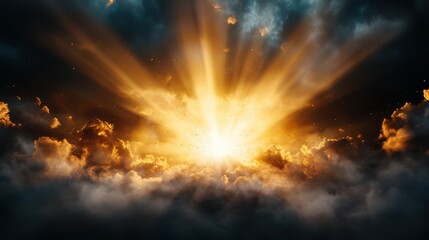 Obraz premium This image captures a stunning explosion of radiant light breaking through dark, tumultuous clouds, evoking feelings of hope, power, and awe in the viewer's mind.