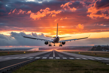 Fototapeta premium Airplane landing on the runway at sunset