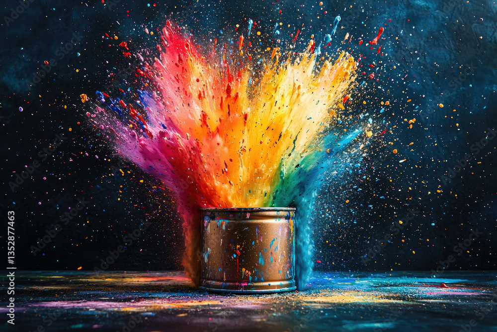 Poster A vibrant explosion of rainbow-colored paint erupts from a metallic container, creating a dynamic and artistic spectacle.