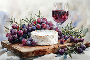Watercolor painting of a cheese wheel dark grapes and a glass of red wine on a rustic wooden board.