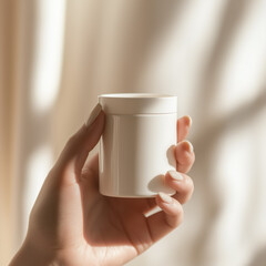 hand holding a blank white cosmetic jar,