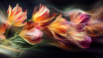 Vibrant, flowing tulips in a dynamic arrangement against a dark background, showcasing nature's beauty