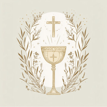 Minimalist Pastel Doodle Illustration of First Holy Communion with Chalice, Cross, and Olive Branches