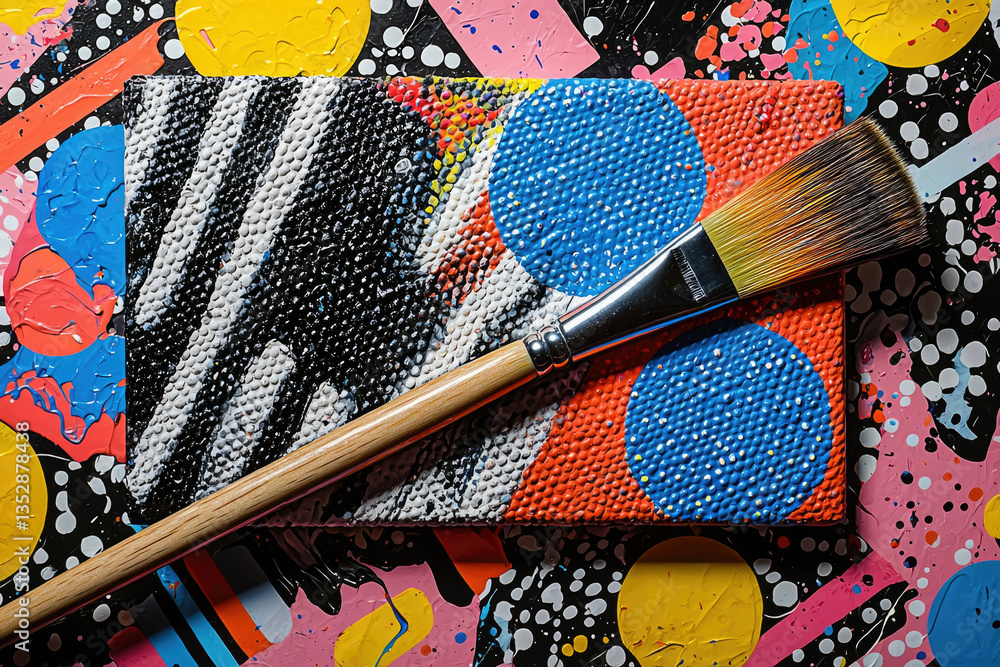 Poster a vibrant abstract painting with bold colors and textured circles, complemented by a paintbrush.