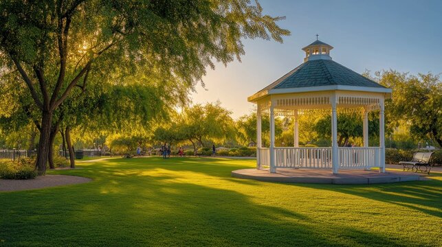 Serene Sunset Gazebo in a Lush Green Park