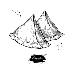 Punjabi Samosa vector food drawing. Indian street food sketch. Pakistani snacks