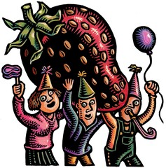 festive party people holding a giant strawberry on their shoulders.