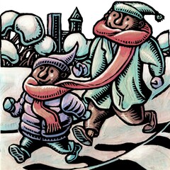 Fototapeta premium A father and son share a single scarf in the middle of winter. 