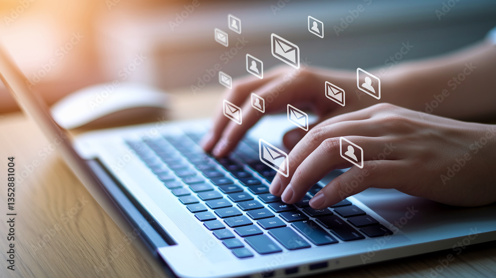 Poster close-up of hands typing on laptop keyboard, digital mail icons hovering above, illustrating online 