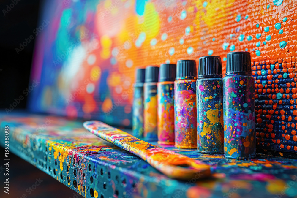 Poster vibrant colorful paint bottles and palette knife on a textured canvas background.