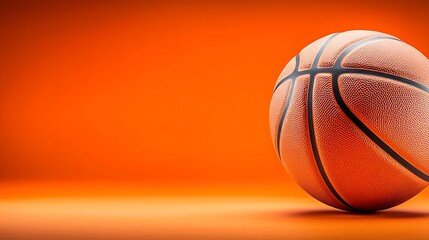 Obraz premium Orange basketball with black lines sits on an orange surface in front of a backdrop