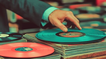 Obraz premium Vintage Vinyl Collection: Hand Picking Records in Retro Music Store