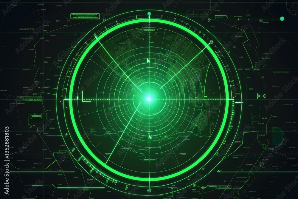 Poster futuristic green radar screen displaying geographic data with advanced technological interface.