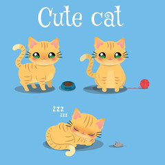 set de tres lindos gatitos naranja en diferentes poses y con elementos