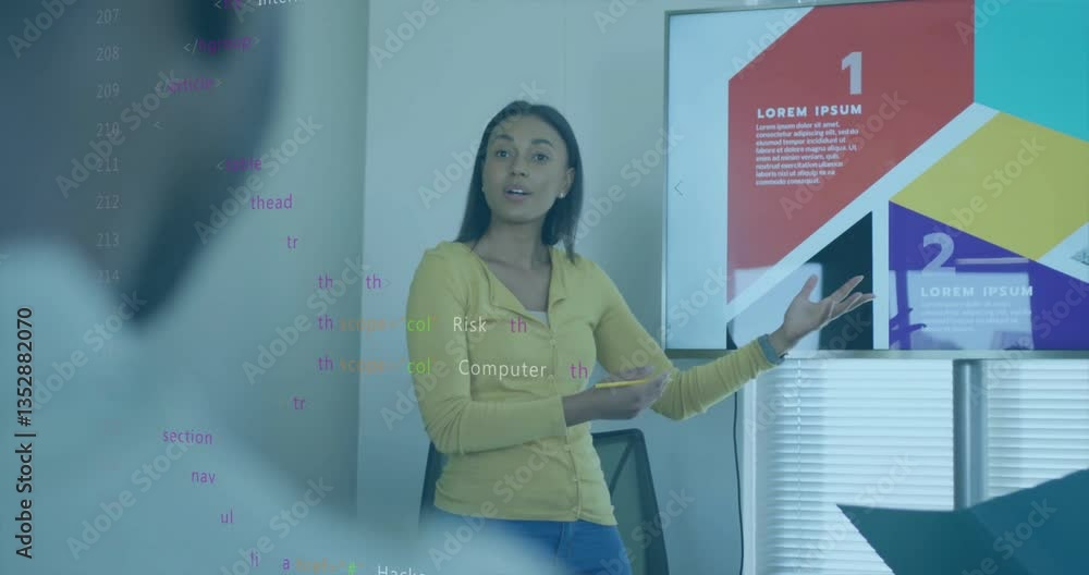 Poster presenting data with coding animation overlay, businesswoman in office setting