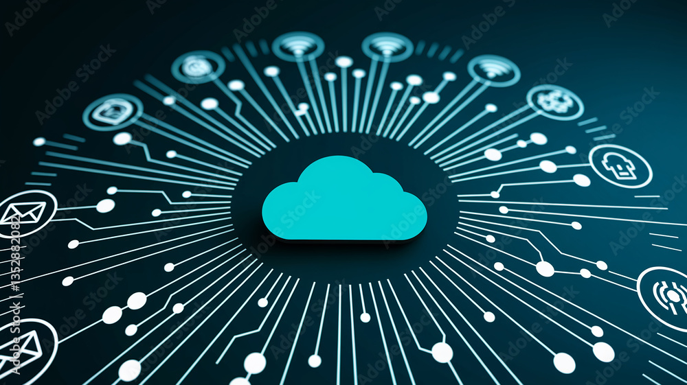 Poster teal cloud icon centrally positioned, surrounded by radiating lines connecting various technology ic