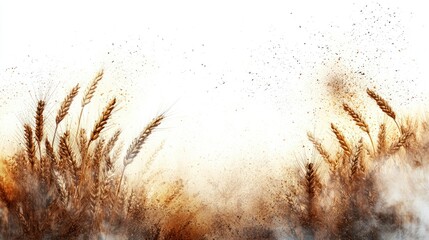 Obraz premium Golden wheat stalks against white background, dust and particles rising upwards