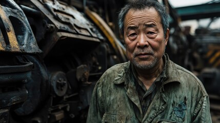 Obraz premium Portrait of a Weathered Worker in an Industrial Environment