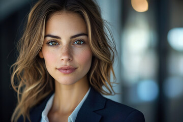 Naklejka premium A young woman with freckles and wavy brown hair, wearing a dark blue blazer, looks directly at the camera.
