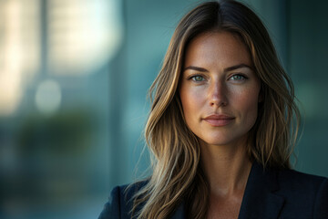Fototapeta premium A confident woman with long brown hair, wearing a dark blazer, looks directly at the camera against a blurred teal background.