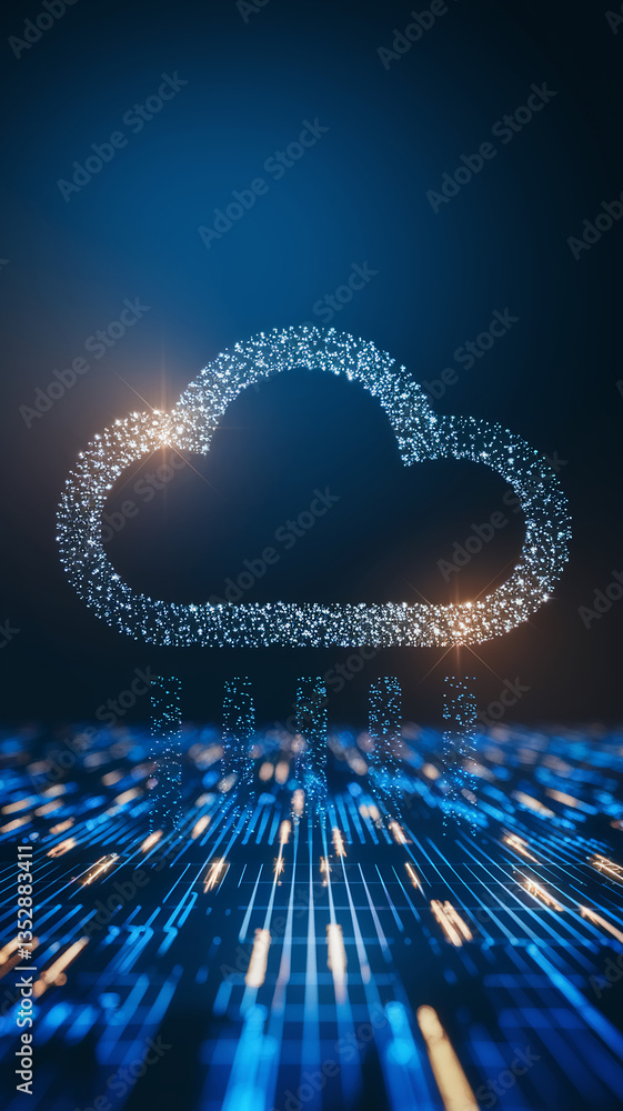 Aufkleber sparkling cloud icon formed by particles, raining data onto a digital grid, showcasing cloud computi
