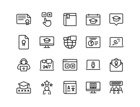 Online Education Vector Icon Set | Adjustable Line Weight | eLearning, webinar, certification, online course, training, virtual classroom, study, graduation, language learning, remote education icons