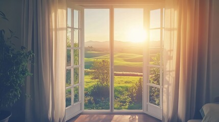 Sunset view French doors open home interior