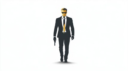 Secret Agent in Action Professional Man Wearing Suit and Sunglasses Holding a Gun Ready for
