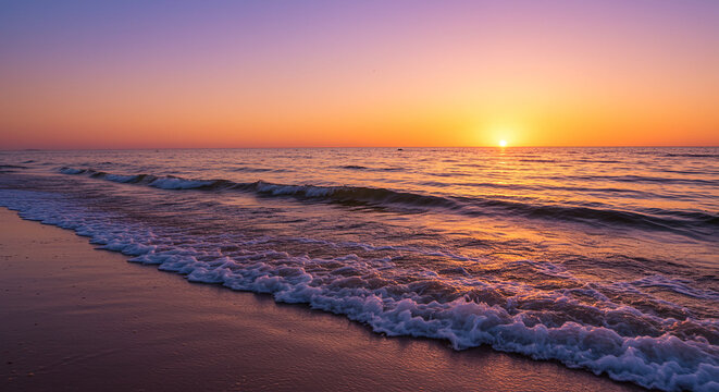 Gentle waves rolling onto shore at sunset with a vibrant orange and purple sky above the horizon