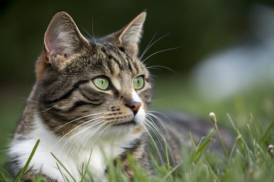 Portrait of a cute grey tabby cat on green grass with beautiful eyes and whiskers - Powered by Adobe