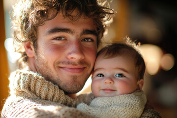 Obraz premium A young father lovingly embraces his infant child, a tender moment of paternal affection.