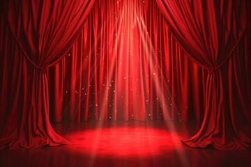 Red velvet curtains drawn back revealing a brightly lit stage, ready for a grand performance.