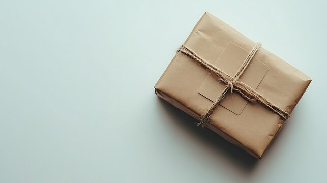Simple brown package tied with twine on white background.