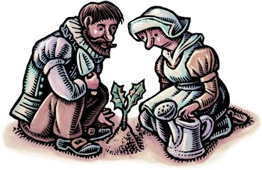 two pilgrims or early colonial couple look at small sprouting oak tree between them