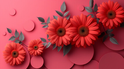 Fototapeta premium 3D Floral Composition with Red Gerbera Daisies on Abstract Background