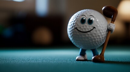Whimsical Golf Ball Character Ready for a Game with a Wooden Putter