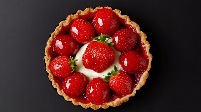 Top down view of French tarte aux fraises strawberry tart fresh strawberries on a bed of vanilla custard presented on a sleek black background