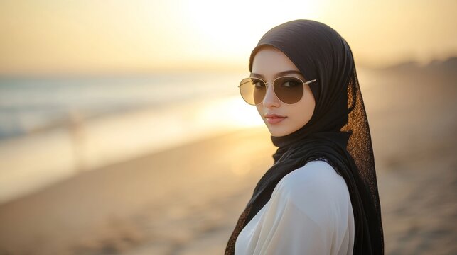 Sunglasses beach hijab adult features light skin and black headscarf with a bright horizon on a sandy beach