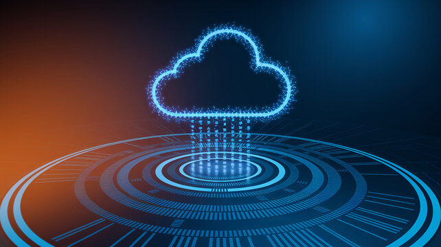 Abstract digital cloud icon, glowing blue, data points descending onto circular platform, showcasing technology, data storage, or cloud computing concept