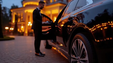 Elegant Evening Arrival: Sophisticated Gentleman with Luxury Car Outside Grand Mansion