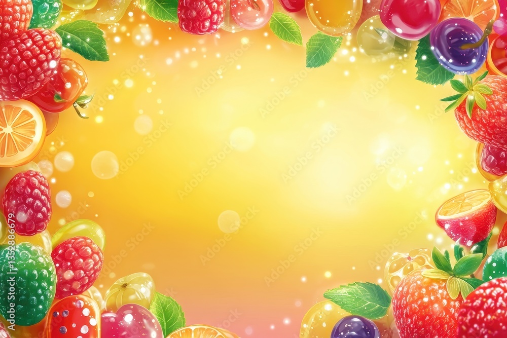 Poster colorful fruit borders a bright yellow background with soft light and bokeh effect. perfect for back