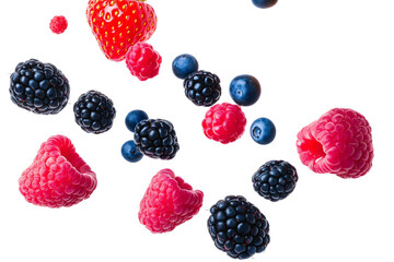 mix of fresh berries including raspberries, blackberries, and blueberries floating in air isolated png transparent cutout