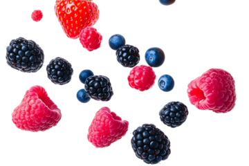 mix of fresh berries including raspberries, blackberries, and blueberries floating in air isolated png transparent cutout
