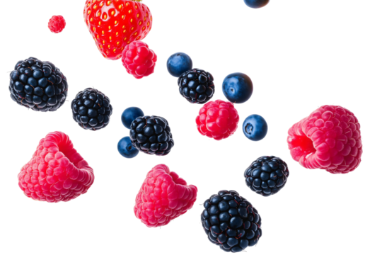 mix of fresh berries including raspberries, blackberries, and blueberries floating in air isolated png transparent cutout