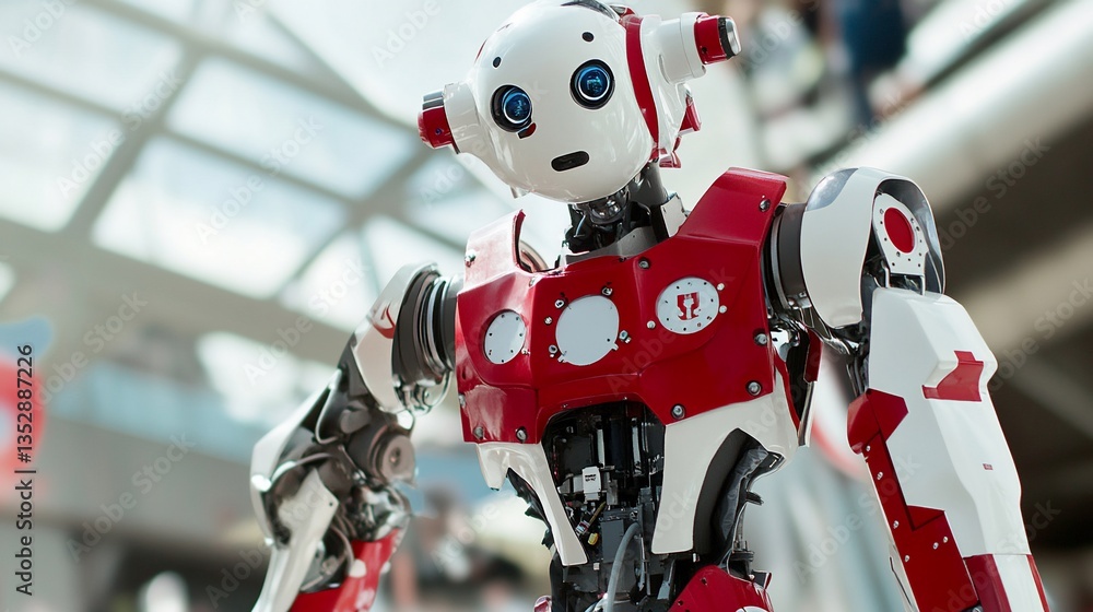 Poster red and white humanoid robot in modern setting