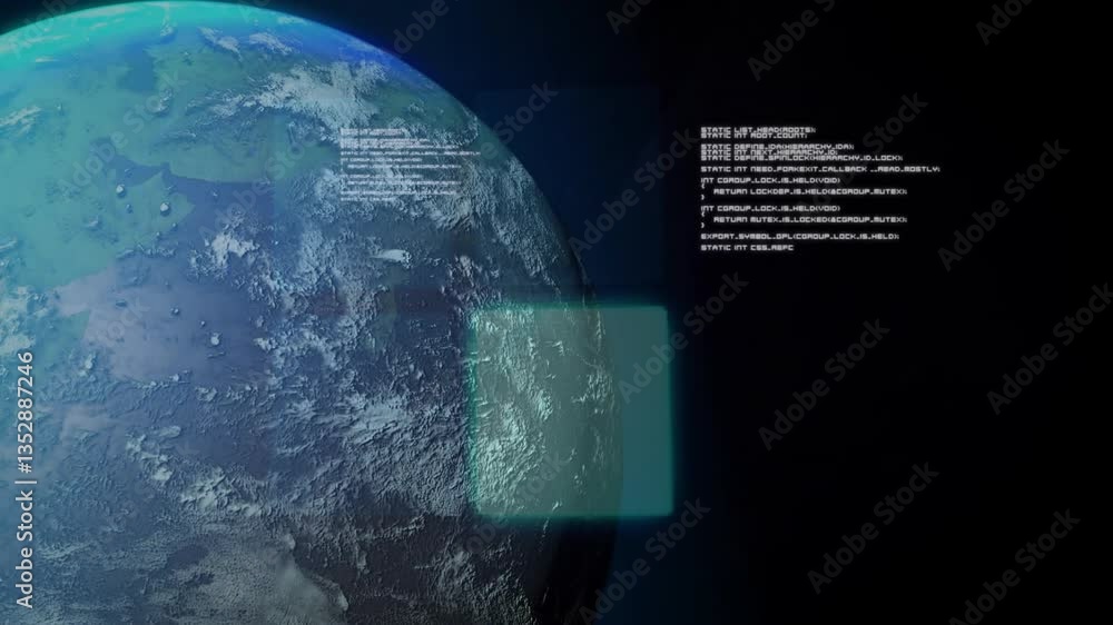Poster digital animation of earth with coding overlay on dark background
